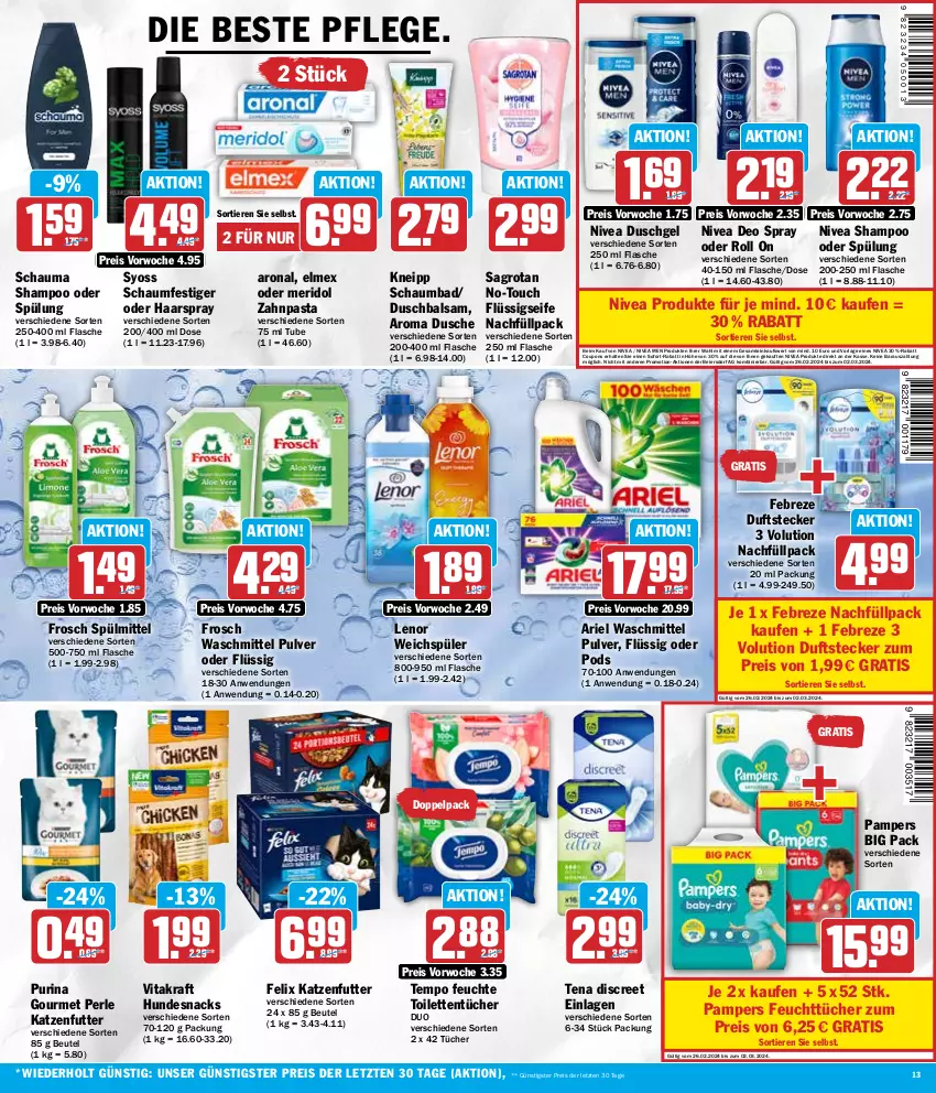 Aktueller Prospekt Hit - Wochenprospekt - von 26.02 bis 02.03.2024 - strona 13 - produkty: ariel, ariel waschmittel, Bad, balsam, beutel, coupon, coupons, deo, deo spray, Discreet, dusche, duschgel, eier, eis, elmex, febreze, felix, feuchttücher, flasche, flüssigseife, Frosch, haarspray, hundesnack, hundesnacks, katzenfutter, kneipp, kraft, lenor, lenor weichspüler, meridol, nivea, Nivea Men, pampers, pasta, Pods, purina, reis, sagrotan, schauma, schauma shampoo, schaumbad, schaumfestiger, Seife, shampoo, shampoo oder spülung, snack, snacks, sofort-rabatt, spülmittel, spülung, syoss, Tempo, Ti, Tiere, toilettentücher, tücher, vita, vitakraft, waschmittel, weichspüler, Yo, zahnpasta, ZTE