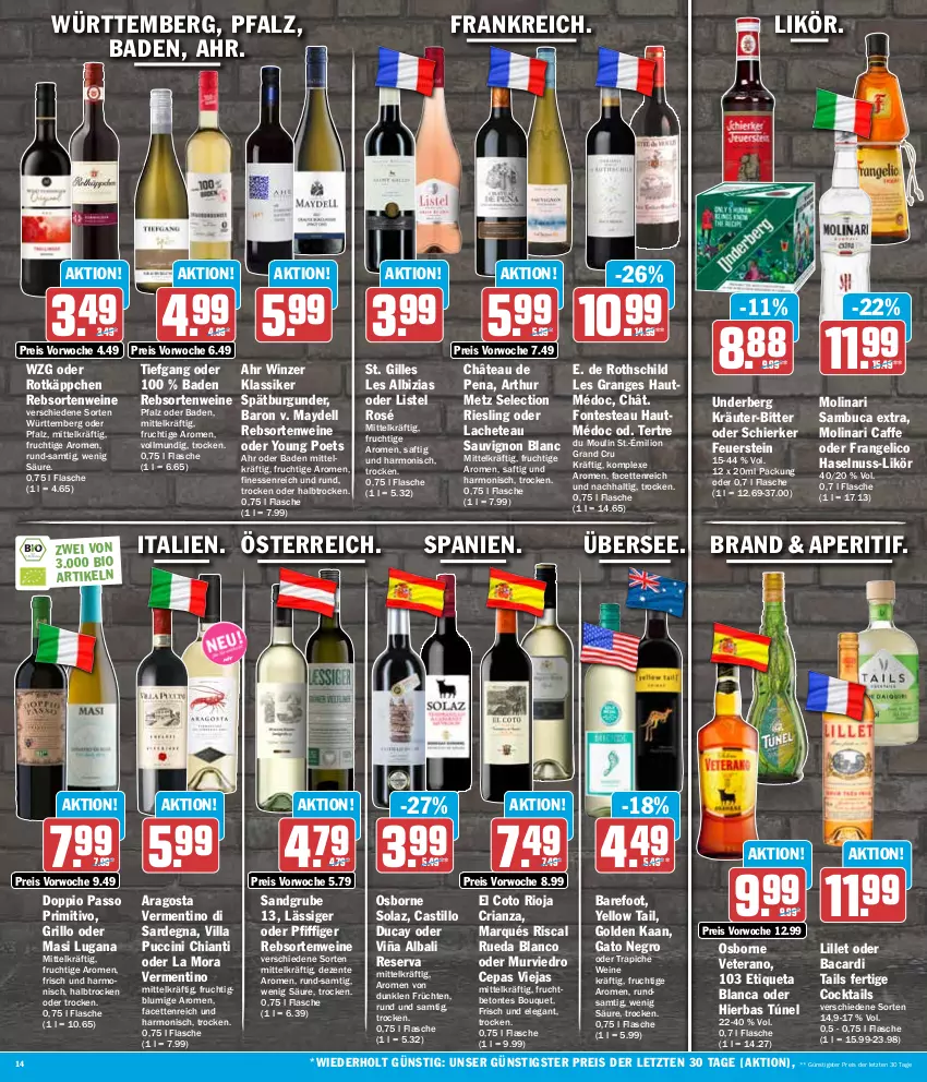 Aktueller Prospekt Hit - Wochenprospekt - von 26.02 bis 02.03.2024 - strona 14 - produkty: aperitif, asti, bacardi, Bad, bio, burgunder, caffe, chia, chianti, cin, cocktail, cocktails, dell, doppio passo, eis, ente, Etiqueta Blanca, finesse, flasche, frangelico, frucht, früchte, früchten, grill, grillo, haselnuss, kräuter, likör, lillet, lion, Molinari, nuss, olaz, osborne, passo, primitivo, rebsortenweine, reis, Ria, riesling, rioja, rotkäppchen, saft, sambuca, sauvignon, sauvignon blanc, spätburgunder, Ti, underberg, veterano, wein, weine, yellow tail, Yo, ZTE