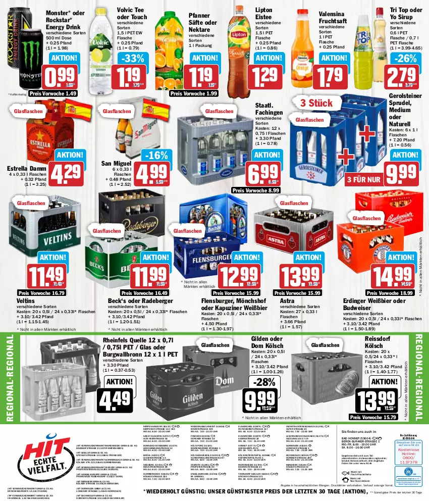 Aktueller Prospekt Hit - Wochenprospekt - von 26.02 bis 02.03.2024 - strona 16 - produkty: angebot, angebote, Astra, auer, Bad, Berger, bier, bio, braun, budweiser, burger, burgwallbronn, drink, eimer, eis, eistee, elle, energy drink, Engel, erdinger, Estrella Damm, fisch, flasche, flensburger, frucht, fruchtsaft, gerolsteine, gerolsteiner, glasflasche, lipton, Lübecker, mönchshof, monster, natur, Nektar, pfanne, Pfanner, radeberger, Rauch, reis, reiss, rel, rheinfels quelle, Rockstar, saft, säfte, sirup, Sprudel, ssd, Staatl. Fachingen, steiner, tee, Ti, uhr, valensina, veltins, volvic, Yo, ZTE