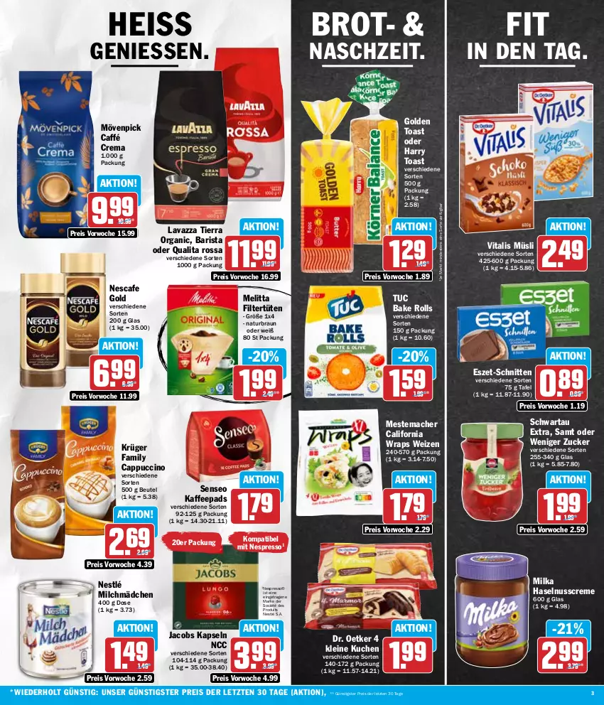 Aktueller Prospekt Hit - Wochenprospekt - von 26.02 bis 02.03.2024 - strona 3 - produkty: beutel, braun, brot, Cap, cappuccino, cin, creme, Dr. Oetker, eis, espresso, golden toast, haselnuss, Haselnusscreme, jacobs, kaffee, kaffeepads, krüger, kuchen, lavazza, leine, mac, melitta, mestemacher, milch, milka, mövenpick, müsli, natur, nescafe, nespresso, nestlé, nuss, reis, schnitten, Schwartau, senseo, Ti, toast, tuc, Tüte, vita, vitalis, vitalis müsli, wrap, wraps, ZTE, zucker