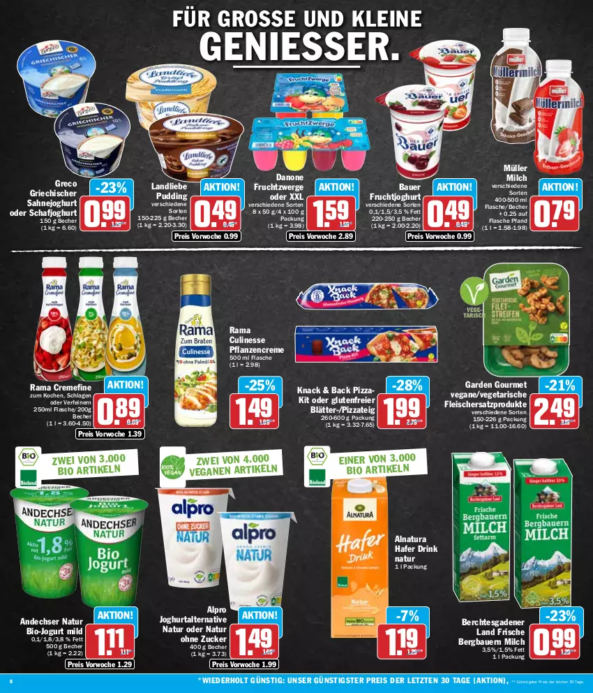 Aktueller Prospekt Hit - Wochenprospekt - von 26.02 bis 02.03.2024 - strona 8 - produkty: alpro, andechser natur, auer, Bau, Bauer, Becher, bio, creme, culinesse, danone, danone fruchtzwerge, drink, eier, eis, flasche, fleisch, frucht, fruchtjoghurt, fruchtzwerge, garden gourmet, hafer, joghur, joghurt, jogurt, landliebe, leine, milch, Müller, natur, natura, pflanze, pflanzen, pflanzencreme, pizza, Pizzateig, pudding, rama, rama cremefine, Rama Culinesse, reis, sahne, Sahnejoghurt, Ti, Vegeta, ZTE, zucker