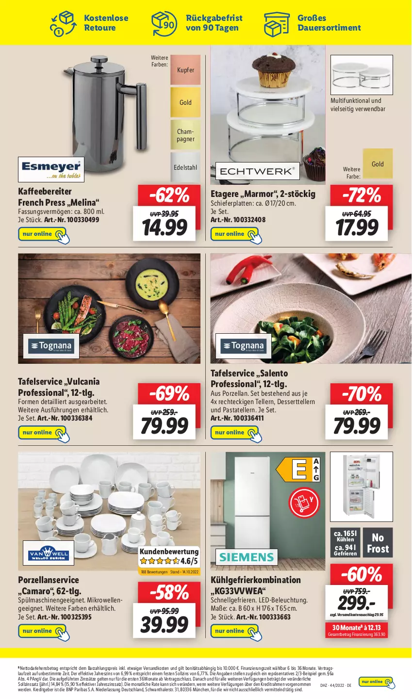 Aktueller Prospekt Lidl - Wochen-Highlights im Onlineshop - von 31.10 bis 06.11.2022 - strona 3 - produkty: amaro, auer, beleuchtung, champagne, champagner, dessert, Dessertteller, edelstahl, eis, elle, erde, Etagere, gefrierkombination, kaffee, kaffeebereiter, latte, led-beleuchtung, LG, mikrowelle, ndk, pasta, reis, rwe, spülmaschinen, teller, Ti