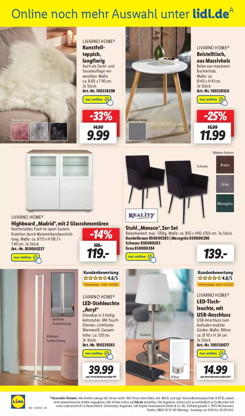 Aktueller Prospekt Lidl - Wochen-Highlights im Onlineshop - von 31.10 bis 06.11.2022 - strona 8 - produkty: angebot, angebote, beistelltisch, braun, buch, dimmer, eis, elle, highboard, Holz, led-stehleuchte, led-tischleuchte, Leuchte, massivholz, ndk, reis, rel, rwe, Schal, Schale, sessel, stehleuchte, stuhl, telefon, teppich, Ti, tisch, tischleuchte, uhr, usb