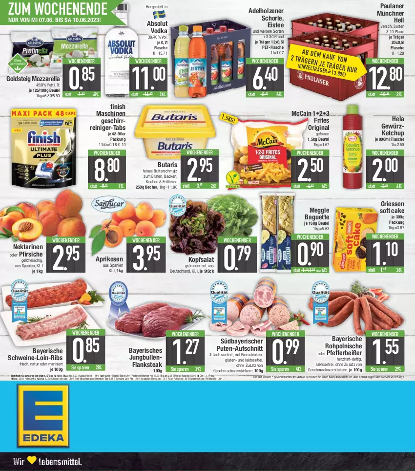 Aktueller Prospekt E Center - Angebote der Woche - von 29.05 bis 03.06.2023 - strona 20 - produkty: Absolut Vodka, adelholzener, aprikose, aprikosen, aufschnitt, baguette, Becher, beutel, bier, bierschinken, braten, butter, Butterschmalz, eis, eistee, Finish, Flanksteak, flasche, fleisch, geschirr, gewürz, gewürzketchup, gin, goldsteig, griesson, Hela, Holz, HP, jungbullen, ketchup, kopfsalat, lebensmittel, mac, malz, mccain, meggle, mozzarella, natur, Nektar, nektarinen, nektarinen oder, oder pfirsiche, Paula, paulaner, pet-flasche, pfeffer, Pfefferbeißer, pfirsich, pfirsiche, pute, reiniger, reis, rel, salat, schinken, Schmalz, schorle, schwein, schweine, steak, tee, Ti, Tiere, vodka, wein, weine, ZTE