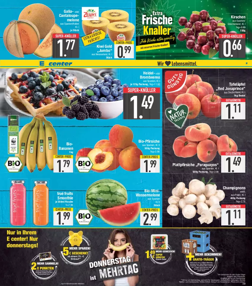 Aktueller Prospekt E Center - Angebote der Woche - von 29.05 bis 03.06.2023 - strona 5 - produkty: banane, bananen, beere, beeren, beutel, bio, brombeere, brombeeren, champignon, champignons, eis, Elan, ente, flasche, jumbo, kirsch, kirsche, kirschen, kiwi, Kiwi Gold, melone, paraguayos, pfirsich, pfirsiche, plattpfirsiche, reis, smoothie, super-knüller, tafeläpfel, Ti, wasser, wassermelone, Yo