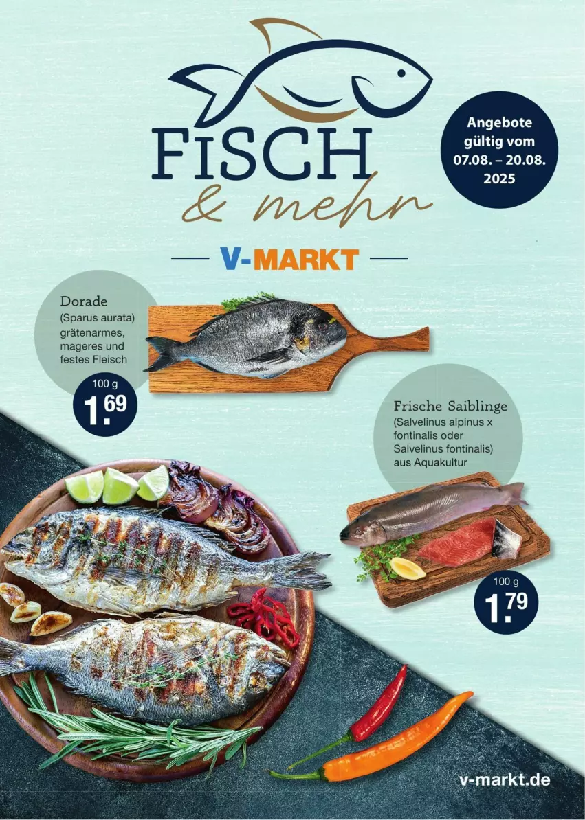 Aktueller Prospekt Vmarkt - Prospekte - von 07.08 bis 20.08.2025 - strona 1 - produkty: angebot, angebote, aqua, Dorade, eis, fleisch, Saibling, Ti