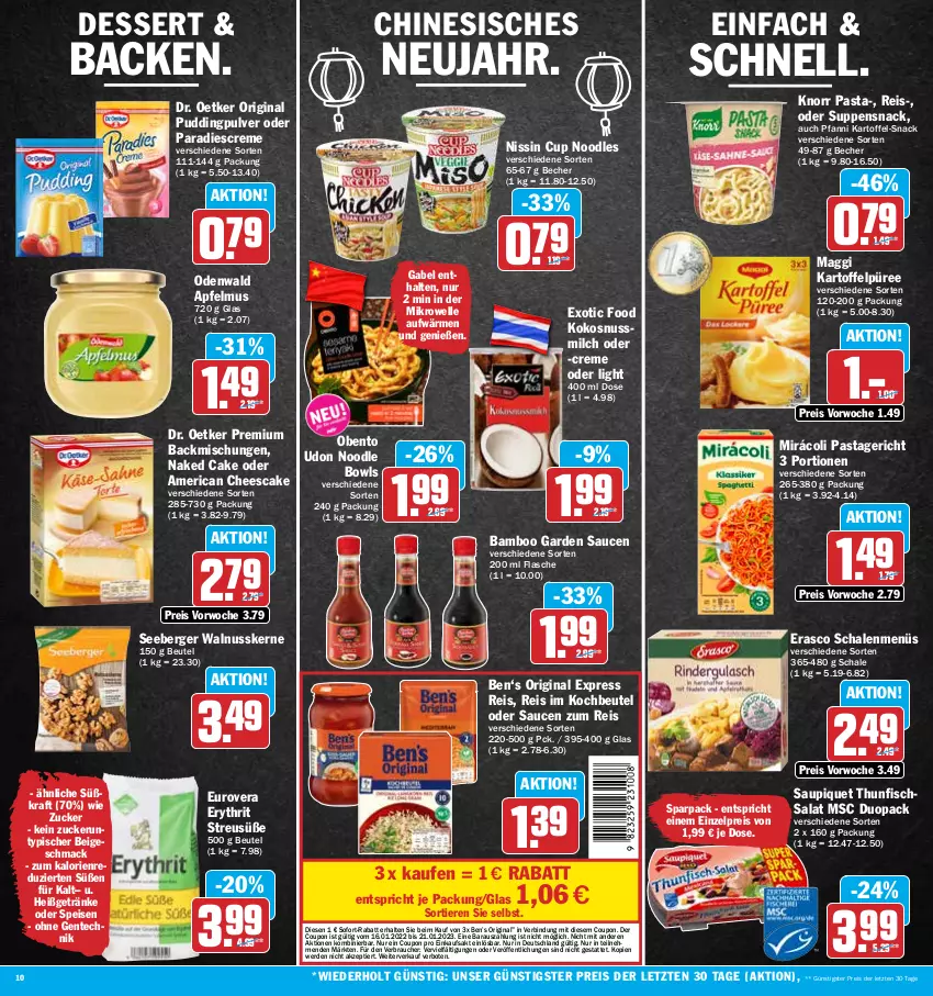 Aktueller Prospekt Hit - Prospekte - von 16.01 bis 21.01.2023 - strona 10 - produkty: apfel, apfelmus, backmischung, Backmischungen, bamboo, Becher, Ben’s Original, Berger, beutel, coupon, creme, dessert, Dr. Oetker, eis, elle, ente, erasco, erde, fisch, flasche, gabel, getränk, getränke, gin, kartoffel, Kartoffelpüree, knorr, knorr pasta, kochbeutel, kokos, kokosnuss, Kokosnussmilch, kraft, mac, maggi, mikrowelle, milch, Mirácoli, Nissin, nuss, odenwald, pasta, Pastagericht, pfanni, pudding, püree, Rauch, reis, salat, sauce, saucen, saupiquet, Schal, Schale, seeberger, snack, sofort-rabatt, suppe, suppen, thunfisch, Thunfischsalat, Ti, Tiere, walnuss, walnusskerne, ZTE, zucker