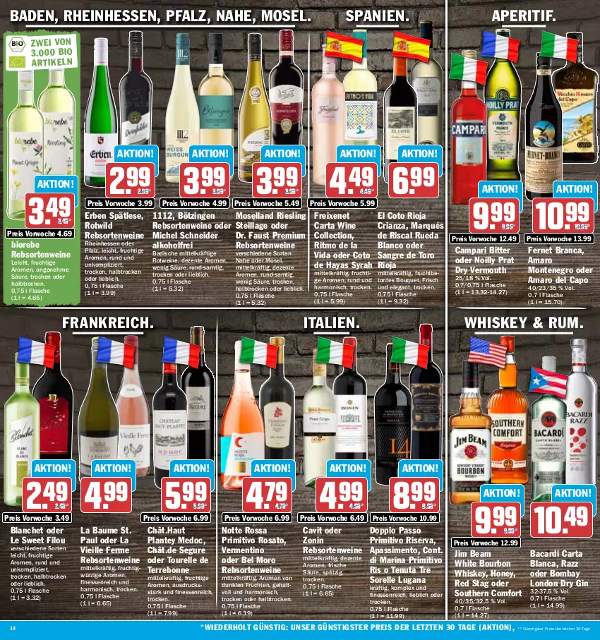 Aktueller Prospekt Hit - Prospekte - von 16.01 bis 21.01.2023 - strona 14 - produkty: alkohol, amaro, Amaro del Capo, aperitif, aust, bacardi, Bad, Bau, bio, bourbon, bourbon whiskey, campari, Cap, doppio passo, dry gin, eis, elle, ente, Fernet, fernet branca, finesse, flasche, freixenet, frucht, früchte, früchten, gin, jim beam, london dry, london dry gin, Michel Schneider, monte, moselland, passo, primitivo, rebsortenweine, reis, rel, Ria, riesling, rioja, riserva, rosato, rotwein, rum, sim, Southern Comfort, Ti, Vermouth, wein, weine, whiskey, Wild, zonin, ZTE