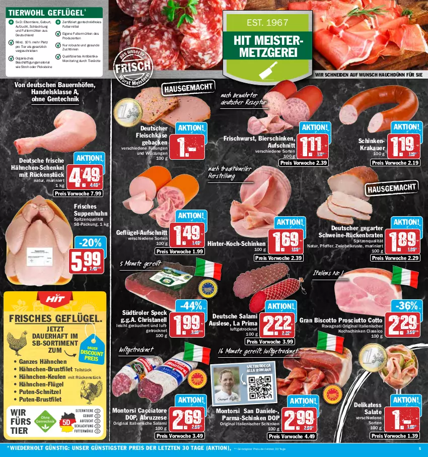 Aktueller Prospekt Hit - Prospekte - von 16.01 bis 21.01.2023 - strona 5 - produkty: ACC, auer, aufschnitt, Bau, Bauer, bier, bierschinken, bio, biscotto, braten, brustfilet, classico, eis, elle, ente, filet, fleisch, fleischkäse, Frische Hähnchen, geback, Geflügel, gin, hähnchen-brustfilet, hähnchen-schenkel, henkel, Käse, kochschinken, krakauer, Meister, monitor, montorsi, natur, nuss, pfeffer, prosciutto, prosciutto cotto, pute, reis, rezept, Ria, ring, Rückenbraten, salami, salat, salate, schenkel, schinken, schinkenkrakauer, schnitzel, schwein, schweine, Speck, spitzenqualität, südtiroler, suppe, suppen, Suppenhuhn, Ti, Tiere, wein, weine, wurst, ZTE, zwiebel