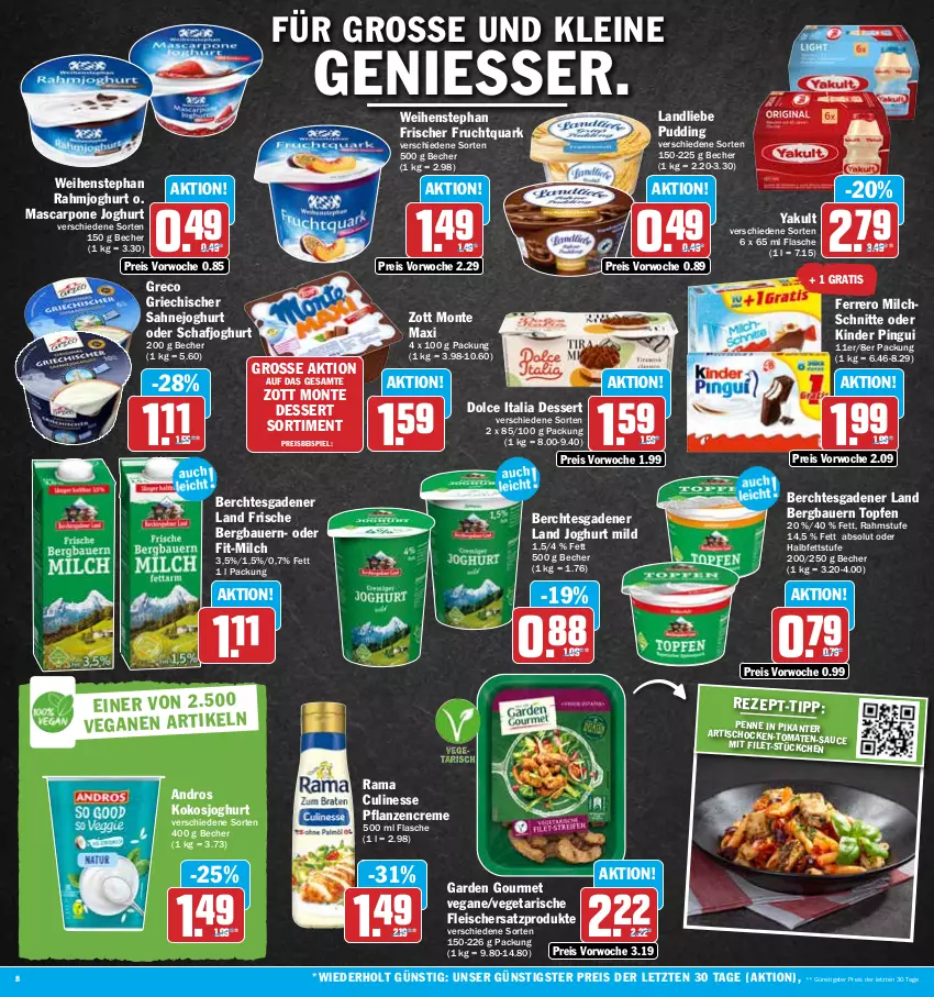 Aktueller Prospekt Hit - Prospekte - von 16.01 bis 21.01.2023 - strona 8 - produkty: Artischocken, auer, Bau, Bauer, Becher, creme, culinesse, dessert, eis, ferrero, filet, flasche, fleisch, frucht, Fruchtquark, garden gourmet, joghur, joghurt, joghurt mild, Kinder, kinder pingui, kokos, landliebe, leine, mascarpone, milch, Milchschnitte, monte, penne, pflanze, pflanzen, pflanzencreme, pingui, pudding, quark, rahmjoghurt, rama, Rama Culinesse, reis, sahne, Sahnejoghurt, sauce, Ti, tisch, topf, Topfen, Vegeta, weihenstephan, zott, Zott Monte, ZTE