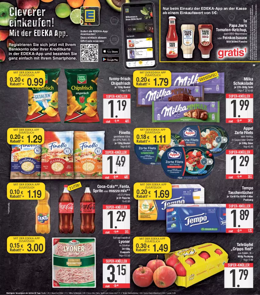 Aktueller Prospekt E Center - Angebote der Woche - von 24.04 bis 29.04.2023 - strona 11 - produkty: angebot, Bank, beutel, chips, chipsfrisch, coca-cola, cola, coupon, creme, deka, eis, fanta, feinkost, filet, filets, finello, flasche, funny-frisch, hering, Käse, ketchup, LG, lyoner, mayonnaise, Mezzo Mix, milka, milka schokolade, nuss, reifen, reis, ring, sauce, schoko, schokolade, smartphone, sprite, super-knüller, tafeläpfel, Tasche, taschen, taschentücher, Tempo, Ti, tomate, tomaten, tücher, Yo, ZTE