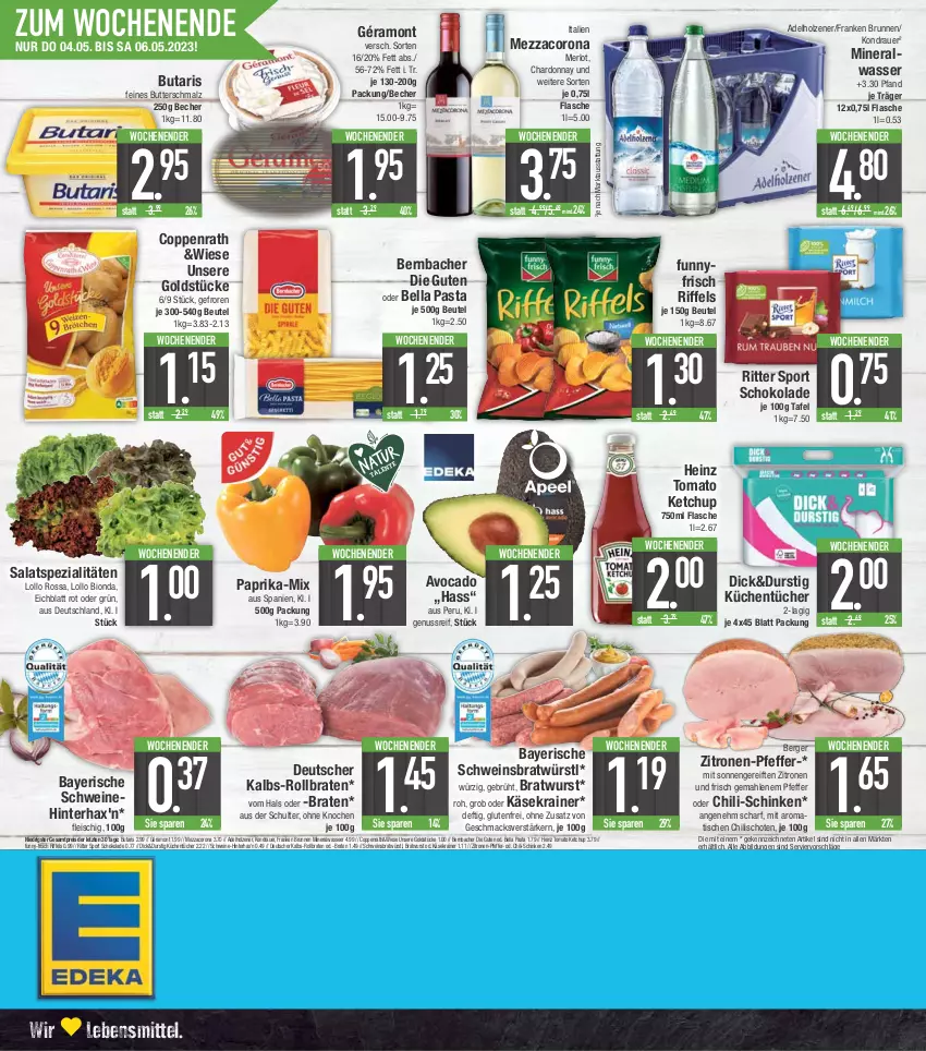 Aktueller Prospekt E Center - Angebote der Woche - von 24.04 bis 29.04.2023 - strona 24 - produkty: adelholzener, Alwa, auer, avocado, Becher, Berger, bernbacher, beutel, bio, braten, bratwurst, brunnen, butter, Butterschmalz, chardonnay, chili, coppenrath, corona, eis, flasche, fleisch, franken brunnen, funny-frisch, géramont, Goldstücke, heinz, Holz, Käse, Käsekrainer, ketchup, küche, Küchen, küchentücher, lebensmittel, mac, malz, merl, merlot, mezzacorona, mineralwasser, nuss, paprika, pasta, pfeffer, reis, ritter, ritter sport, rollbraten, salat, schinken, Schmalz, schoko, schokolade, schwein, schweine, Spezi, Sport, Ti, tisch, tomato ketchup, tücher, wasser, wein, weine, wurst, zitrone, zitronen, ZTE