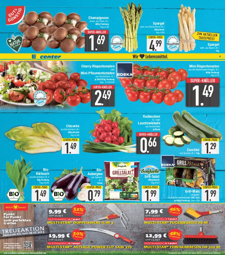 Aktueller Prospekt E Center - Angebote der Woche - von 24.04 bis 29.04.2023 - strona 3 - produkty: aubergine, beutel, bio, braun, bürste, champignon, champignons, champignons braun, deka, eis, elle, ente, Fugenbürste, Garten, gin, grill, kräuter, Lauchzwiebel, lauchzwiebeln, LG, mais, marinade, mini-rispentomaten, pflaume, pflaumen, radieschen, reis, rispentomaten, säge, salat, spargel, spargel grün, super-knüller, teller, Ti, tomate, tomaten, wolfgarten, zucchini, zwiebel, zwiebeln