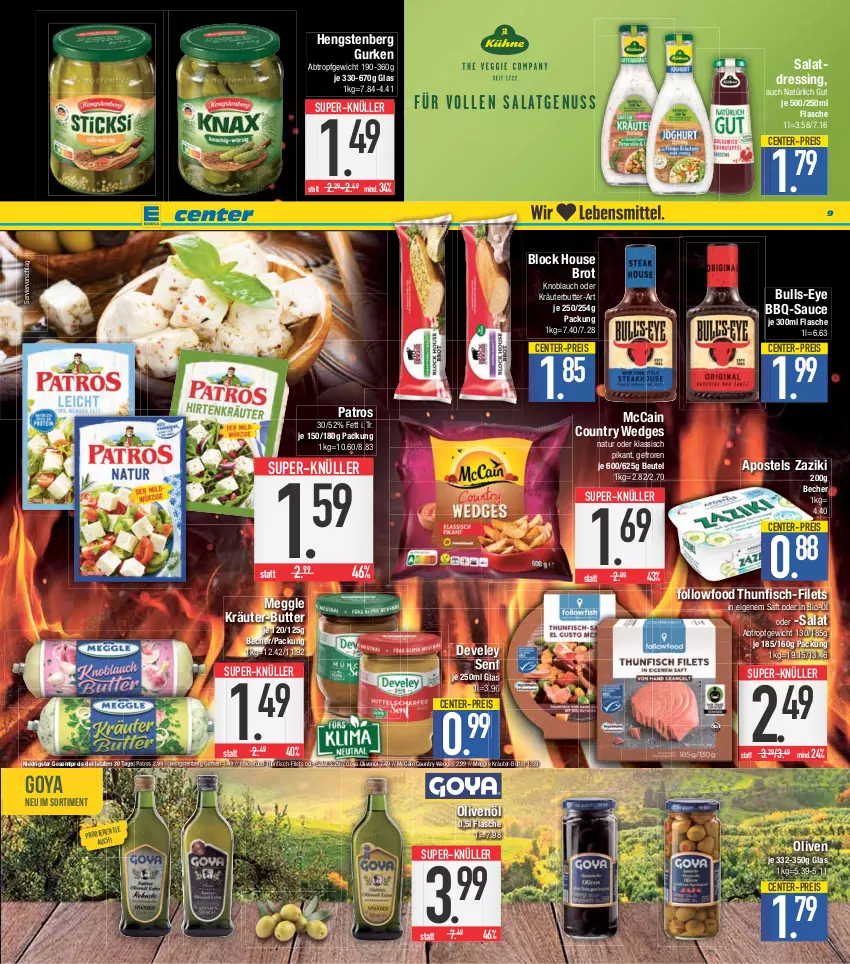 Aktueller Prospekt E Center - Angebote der Woche - von 24.04 bis 29.04.2023 - strona 9 - produkty: apostels, bbq-sauce, Becher, beutel, bier, bio, brot, butter, develey, dressing, eis, ente, filet, filets, fisch, flasche, gurke, gurken, hengstenberg, Hengstenberg Gurken, knoblauch, kräuter, kräuter-butter, kräuterbutter, mccain, meggle, natur, oder kräuter, olive, oliven, olivenöl, patros, reis, saft, salat, salatdressing, sauce, senf, super-knüller, thunfisch, Ti, wedges, zaziki, ZTE