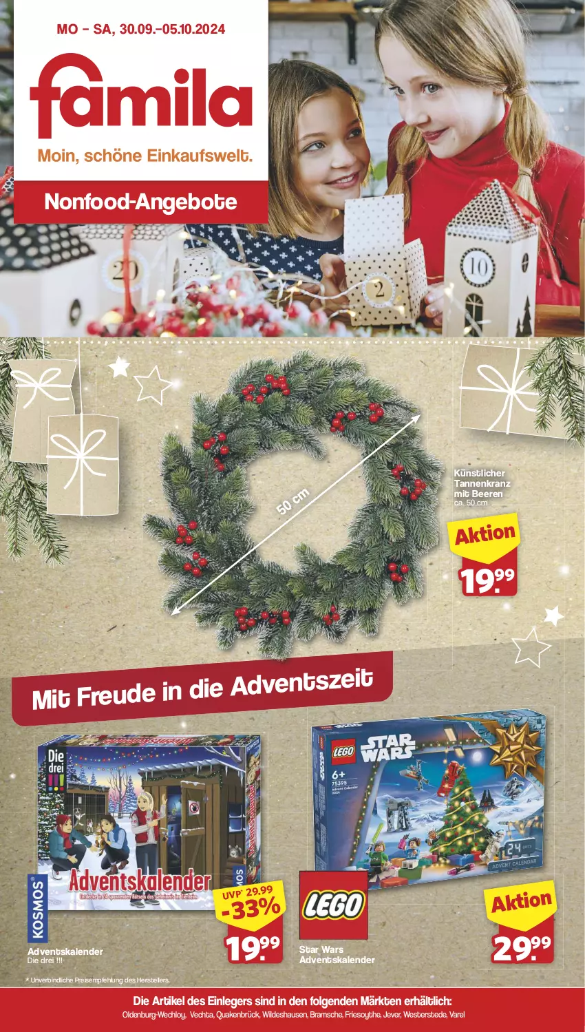 Aktueller Prospekt Famila - Prospekte - von 30.09 bis 05.10.2024 - strona 1 - produkty: Adventskalender, angebot, angebote, beere, beeren, eis, elle, jever, Kranz, LG, reis, rel, Tannenkranz, teller, Ti, Weste, Wild