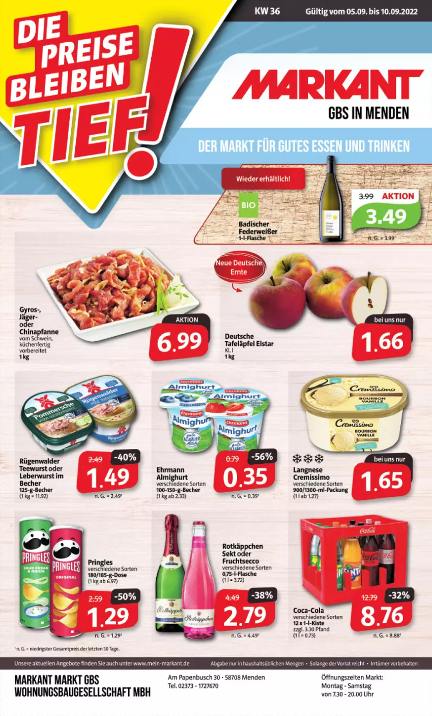 Aktueller Prospekt Markant - Prospekte - von 05.09 bis 10.09.2022 - strona 1 - produkty: angebot, angebote, Bau, Becher, cremissimo, eis, elle, flasche, küche, Küchen, pfanne, reis, schwein, sekt, sim, Ti, uhr, wein, ZTE