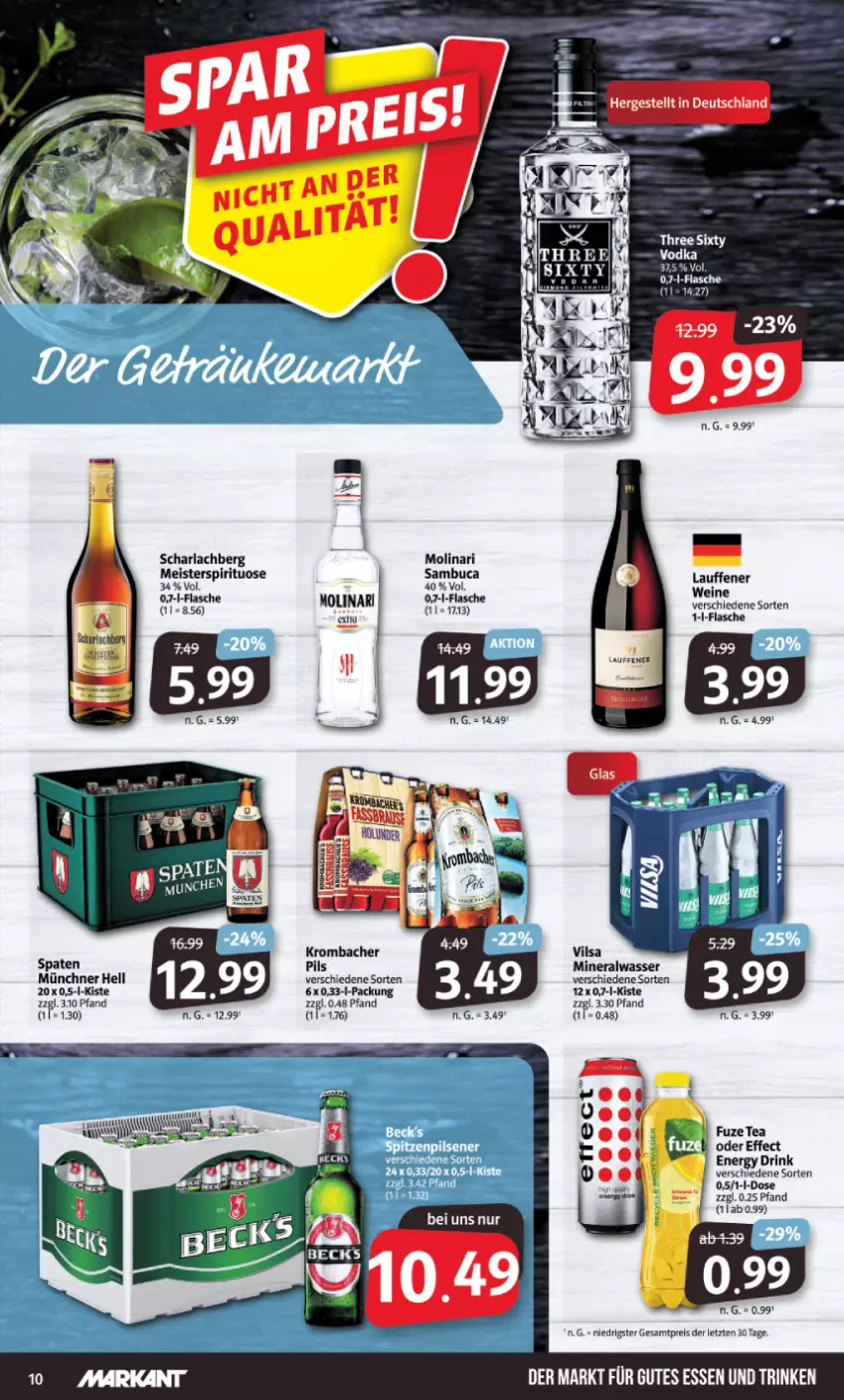 Aktueller Prospekt Markant - Prospekte - von 05.09 bis 10.09.2022 - strona 10 - produkty: Alwa, arla, drink, Effect, eis, energy drink, flasche, fuzetea, krombache, krombacher, Meister, mineralwasser, Molinari, pils, reis, sambuca, Spaten, wasser, wein, weine, ZTE