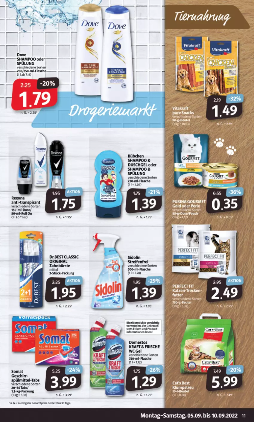 Aktueller Prospekt Markant - Prospekte - von 05.09 bis 10.09.2022 - strona 11 - produkty: bio, biozidprodukte, bübchen, bürste, domestos, dove, duschgel, eis, flasche, geschirr, gin, kraft, Rauch, reifen, reis, rexona, rwe, shampoo, shampoo oder spülung, sidolin, somat, spülmittel, spülung, Ti, zahnbürste, ZTE