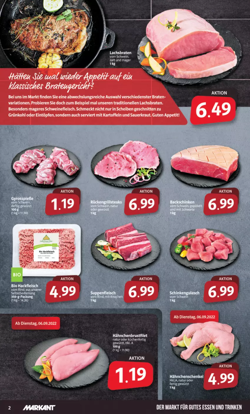 Aktueller Prospekt Markant - Prospekte - von 05.09 bis 10.09.2022 - strona 2 - produkty: auer, bier, Biere, braten, brustfilet, eintöpfe, eis, elle, filet, fleisch, gutes essen, hähnchenbrust, hähnchenbrustfilet, kartoffel, kartoffeln, Kraut, lachs, Lachsbraten, Ria, Sauerkraut, schnitten, schwein, schweine, schweinefleisch, Ti, wein, weine