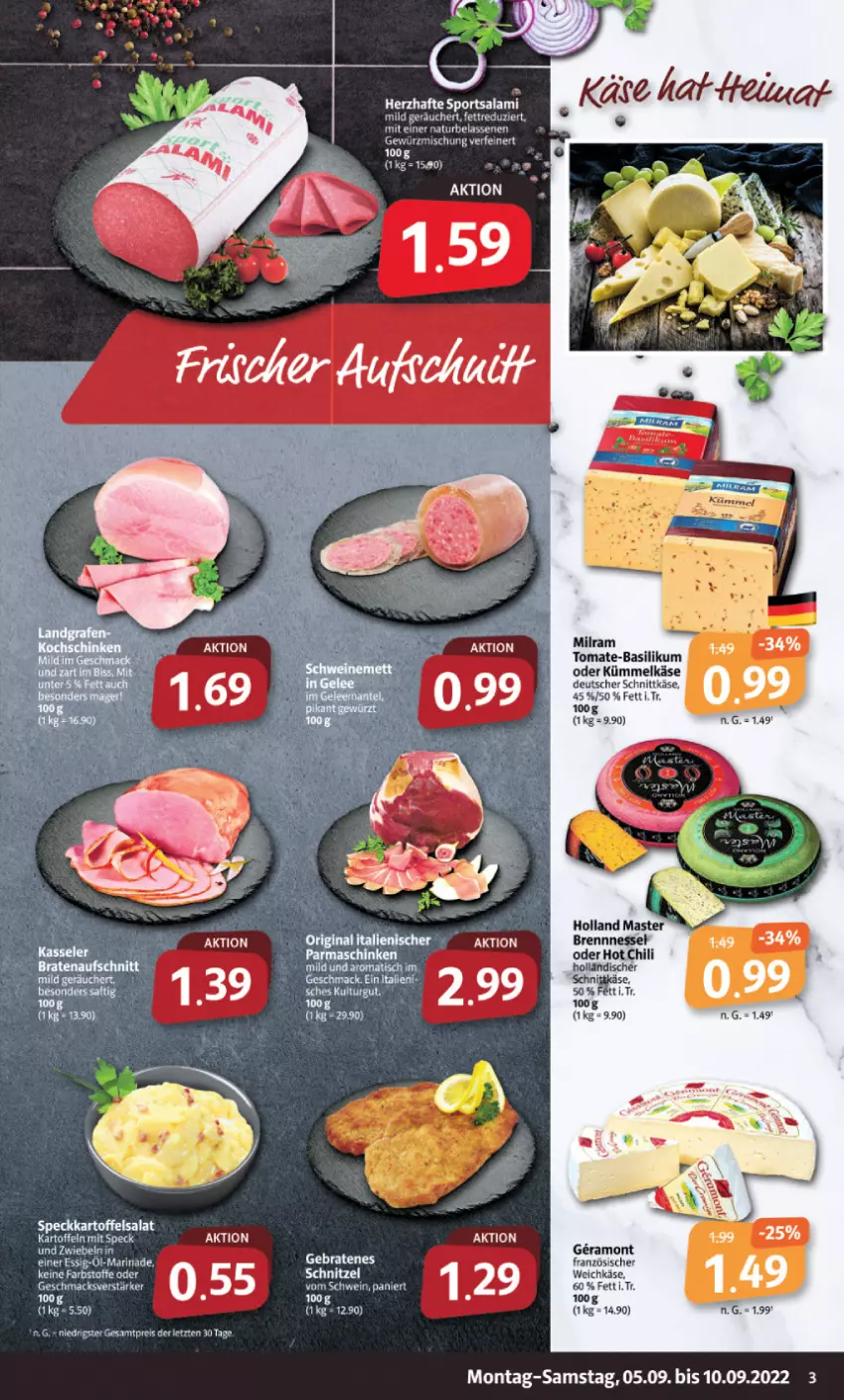 Aktueller Prospekt Markant - Prospekte - von 05.09 bis 10.09.2022 - strona 3 - produkty: basilikum, chili, deutscher schnittkäse, essig, hot chili, kartoffel, kartoffeln, kartoffelsalat, Käse, mac, marinade, milram, natur, salami, salat, schnittkäse, Speck, Sport, Ti, tisch, tomate, tomate-basilikum, weichkäse