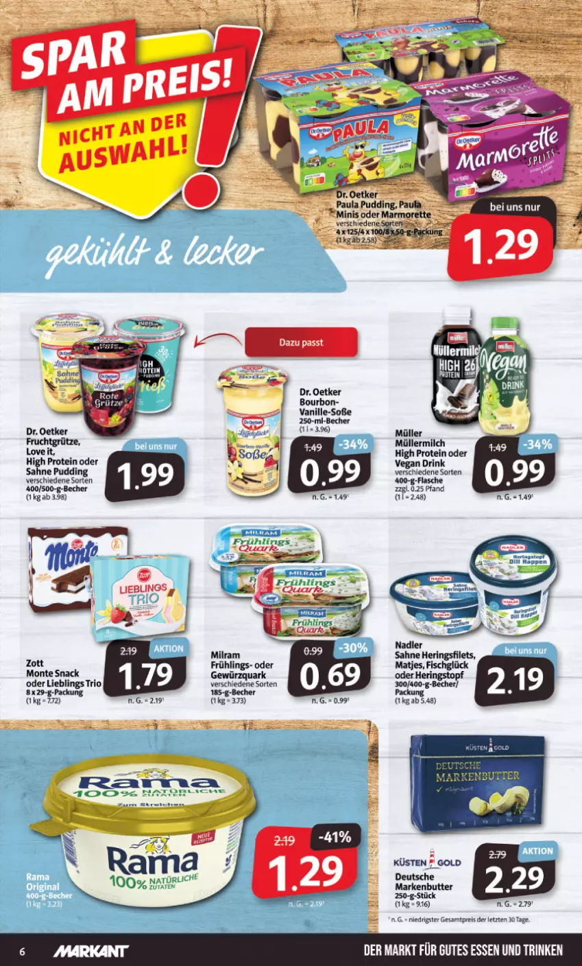 Aktueller Prospekt Markant - Prospekte - von 05.09 bis 10.09.2022 - strona 6 - produkty: Becher, bourbon, butter, drink, eis, filet, filets, fisch, flasche, gewürz, gewürzquark, hering, Herings, heringsfilets, markenbutter, matjes, milch, milram, monte, Müller, müllermilch, nadler, Paula, paula pudding, pudding, quark, reis, ring, sahne, snack, Soße, vanille, zott, ZTE