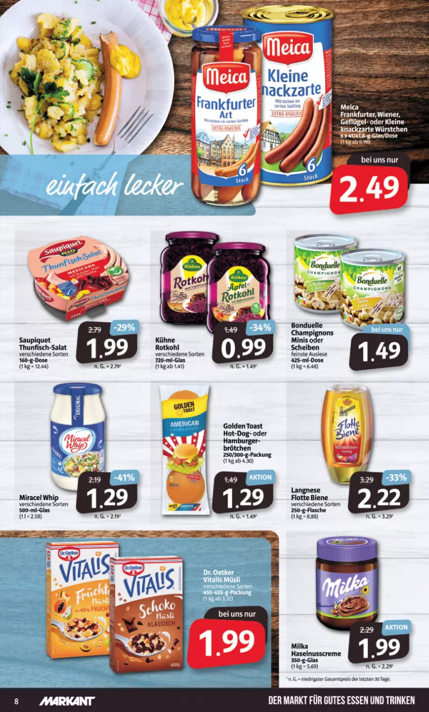 Aktueller Prospekt Markant - Prospekte - von 05.09 bis 10.09.2022 - strona 8 - produkty: bonduelle, brötchen, burger, champignon, champignons, creme, eis, elle, fisch, flasche, golden toast, gutes essen, hamburger, haselnuss, Haselnusscreme, Kühne, langnese, meica, milka, miracel, miracel whip, nuss, reis, rotkohl, salat, saupiquet, thunfisch, Ti, toast, ZTE