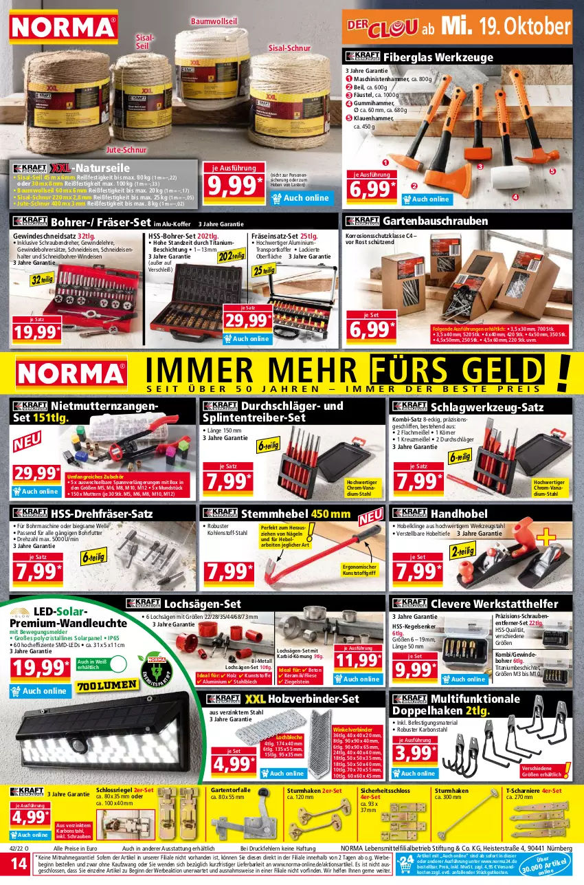 Aktueller Prospekt Norma - Norma - von 17.10 bis 24.10.2022 - strona 14 - produkty: Bau, Bohrer-Set, eis, elle, ente, Garten, gin, Handhobel, Holz, koffer, lack, lebensmittel, leds, Leuchte, LG, natur, passend für alle, reis, Ria, riegel, säge, schrauben, Schraubendreher, Schütze, Sport, Ti, usb, werkzeug, werkzeuge, Zangen