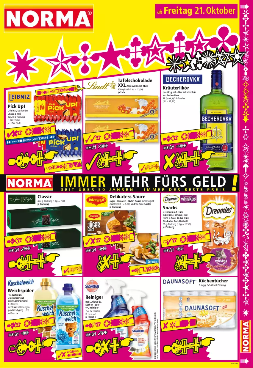 Aktueller Prospekt Norma - Norma - von 17.10 bis 24.10.2022 - strona 15 - produkty: Bad, ball, bio, biozidprodukte, delikatess sauce, dreamies, flasche, gin, Käse, kräuter, kräuterlikör, küche, Küchen, küchentücher, lachs, likör, milch, nuss, Pick Up!, pute, Rauch, reiniger, rind, rwe, sauce, schoko, schokolade, snack, snacks, Spezi, tafelschokolade, Ti, tomate, tomaten, tücher, vollmilch, wc-reiniger, weck, weichspüler, whiskas