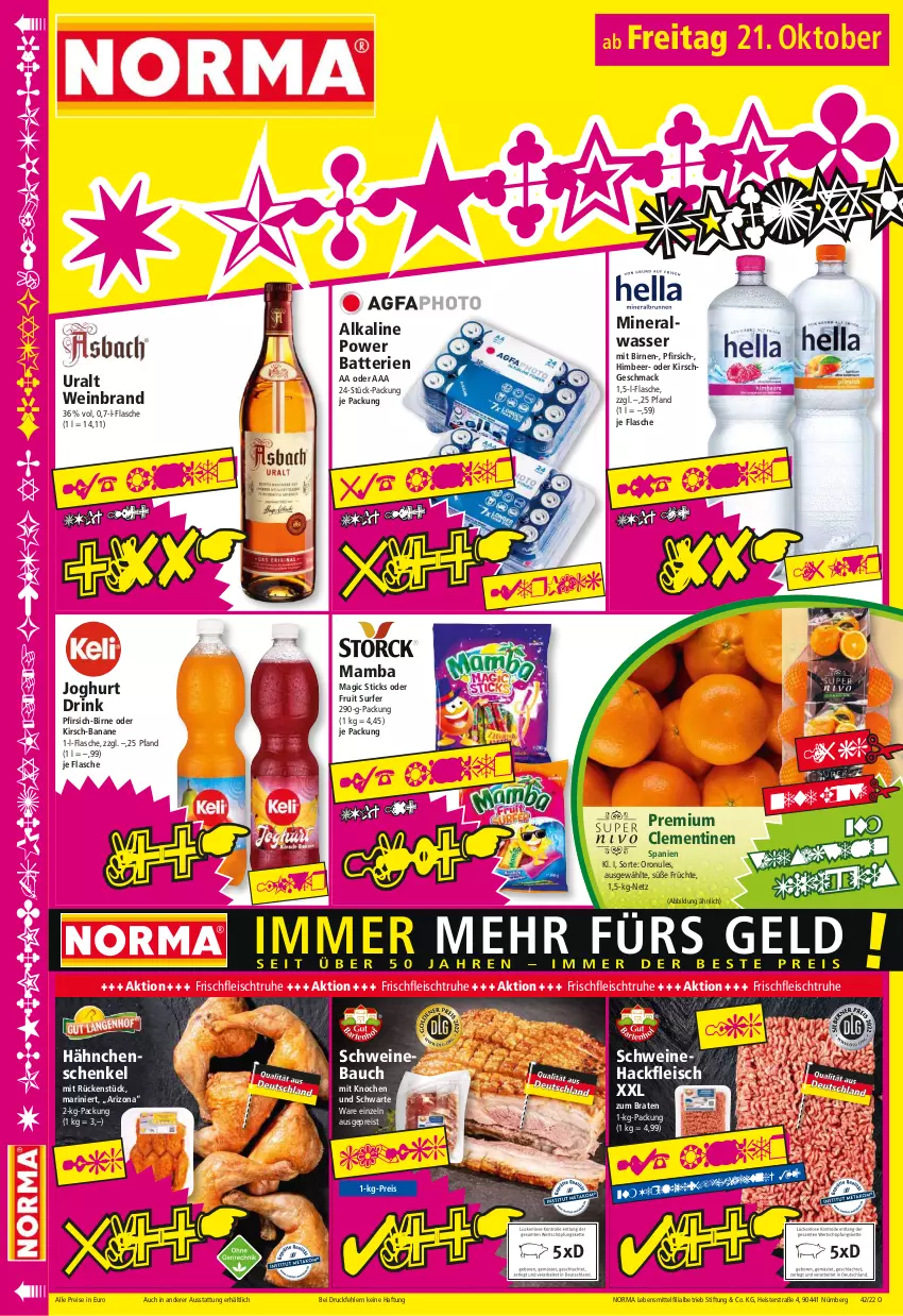 Aktueller Prospekt Norma - Norma - von 17.10 bis 24.10.2022 - strona 16 - produkty: Alwa, banane, batterie, batterien, Bau, Birnen, braten, clementinen, drink, eis, flasche, fleisch, früchte, hackfleisch, hähnchenschenkel, henkel, himbeer, joghur, joghurt, kirsch, lebensmittel, mac, mam, mineralwasser, pfirsich, reis, schenkel, schwein, schweine, Schweinebauch, Schweinehackfleisch, Spezi, Surf, Ti, tiefpreis, wasser, wein, weinbrand, weine