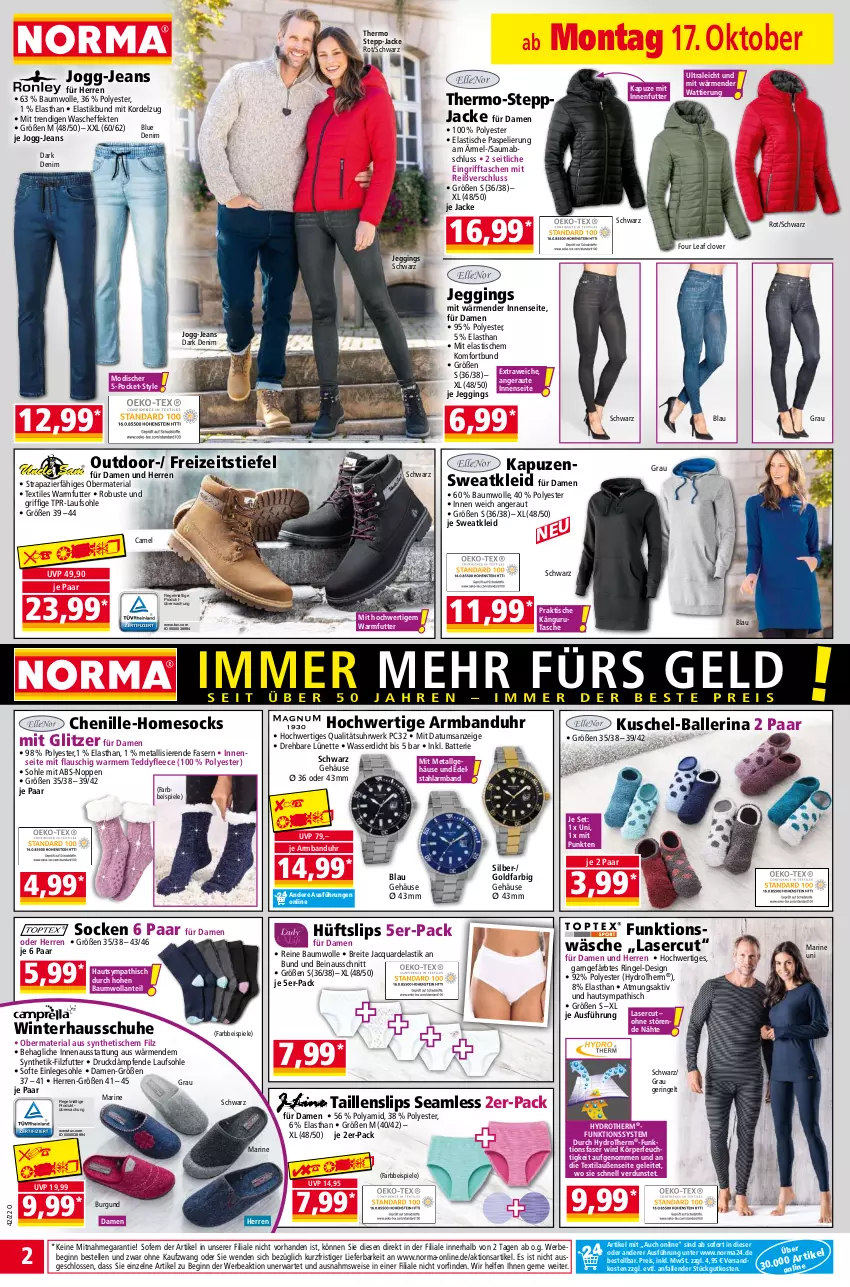 Aktueller Prospekt Norma - Norma - von 17.10 bis 24.10.2022 - strona 2 - produkty: Armband, Armbanduhr, asti, ball, batterie, Bau, baumwolle, Bebe, Brei, edelstahl, eis, elle, gin, Hausschuhe, Jacke, jeans, kleid, LG, mab, ndk, reine baumwolle, reis, Ria, ring, rwe, schuhe, slip, slips, socken, Spiele, Steppjacke, Sweatkleid, Taillenslip, Tasche, taschen, Ti, tisch, uhr, wasser, wolle