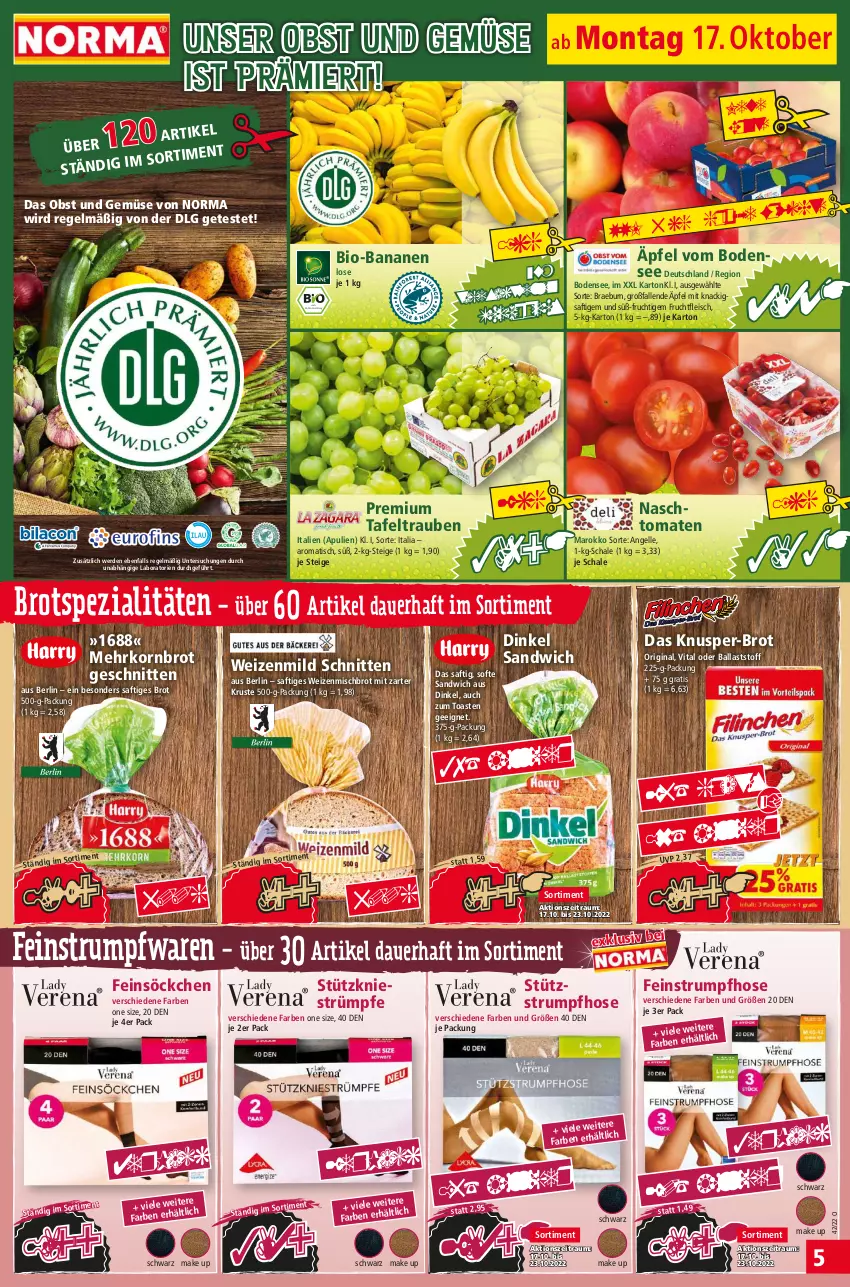 Aktueller Prospekt Norma - Norma - von 17.10 bis 24.10.2022 - strona 5 - produkty: auer, ball, banane, bananen, bio, bio-bananen, brot, eis, elle, erde, fleisch, frucht, fruchtfleisch, gin, hose, Knusper-Brot, korn, Kornbrot, LG, make up, obst, Obst und Gemüse, reis, rum, saft, sandwich, Schal, Schale, schnitten, söckchen, Spezi, strümpfe, Strumpfhose, tafeltrauben, Ti, tiefpreis, tisch, toast, tomate, tomaten, trauben, und gemüse, vita, weizenmischbrot