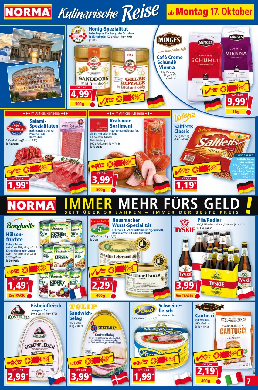 Aktueller Prospekt Norma - Norma - von 17.10 bis 24.10.2022 - strona 7 - produkty: auer, Bau, Bauer, Blüte, blütenhonig, bohne, bohnen, Brühwurst, cracker, cranberry, creme, eis, erbsen, flasche, fleisch, früchte, gelee, Hausmacher, honig, hülsenfrüchte, kichererbsen, kidney, kidney bohnen, korn, krakauer, kühlregal, leberwurst, linsen, mac, mandel, mandeln, Mett, mettwurst, pils, radler, regal, ring, saft, salami, saltletts, sanddorn, sandwich, schwein, schweine, schweinefleisch, Schweinefleisch im eigenen Saft, senf, sesam, Spezi, Ti, tuc, wein, weine, wurst