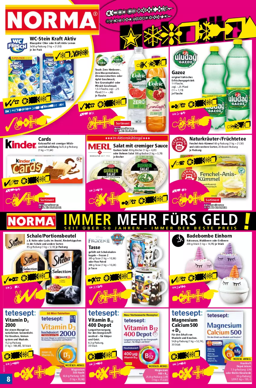 Aktueller Prospekt Norma - Norma - von 17.10 bis 24.10.2022 - strona 8 - produkty: apfel, Bad, Becher, beere, beutel, bio, bohne, bohnen, Calcium, eis, erdbeere, erde, erfrischungsgetränk, fenchel, flasche, früchte, Früchtetee, getränk, gin, grana, granatapfel, gurke, gurken, himbeer, himbeere, kakao, keks, Kieselerde, kokos, kokosnuss, kraft, kräuter, Kugel, kühlregal, lachs, limette, limetten, mac, magnesium, magnesium 400, melone, melonen, Mett, metten, milch, natur, nuss, Paw Patrol, pfirsich, portionsbeutel, Rana, regal, rind, rinder, salat, sauce, Schal, Schale, schoko, schokolade, schokoladen, tasse, tee, Ti, vita, Vitamin B, Vitamin D, wasser, wassermelone, wassermelonen, zitrone, zitronen