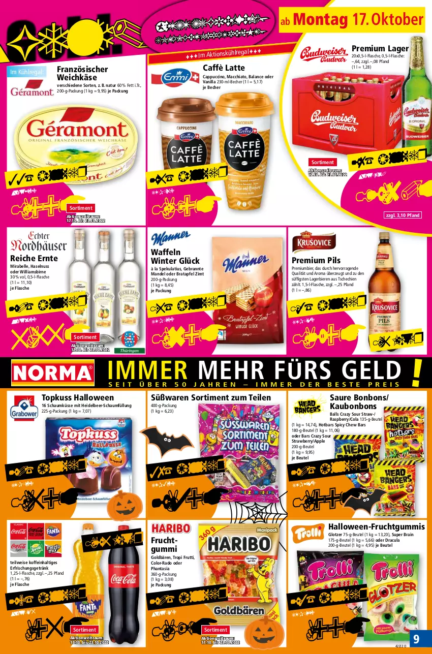 Aktueller Prospekt Norma - Norma - von 17.10 bis 24.10.2022 - strona 9 - produkty: ACC, apfel, Apple, ball, Becher, beutel, bier, Biere, bonbons, caffè latte, Cap, cappuccino, chia, cin, cola, eis, elle, flasche, französischer weichkäse, frucht, fruchtgummi, fruchtgummis, getränk, goldbären, haselnuss, Käse, kühlregal, Lagerbier, latte, mac, macchiato, mandel, natur, nuss, pils, premium pils, Premiumbier, raspberry, regal, Ti, waffeln, weichkäse