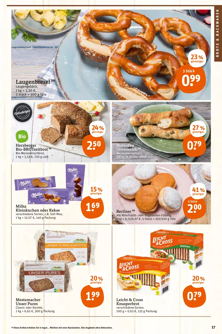 Aktueller Prospekt Tegut - Angebote der Woche - von 14.02 bis 19.02.2022 - strona 17 - produkty: angebot, angebote, backwaren, Berger, berliner, bio, brezel, brot, dekoration, frucht, herzberger, keks, kekse, kuchen, Laugenbrezel, mac, mestemacher, milka, Ofen, olive, oliven, steinofen, Ti, Tüte, weizenmischbrot