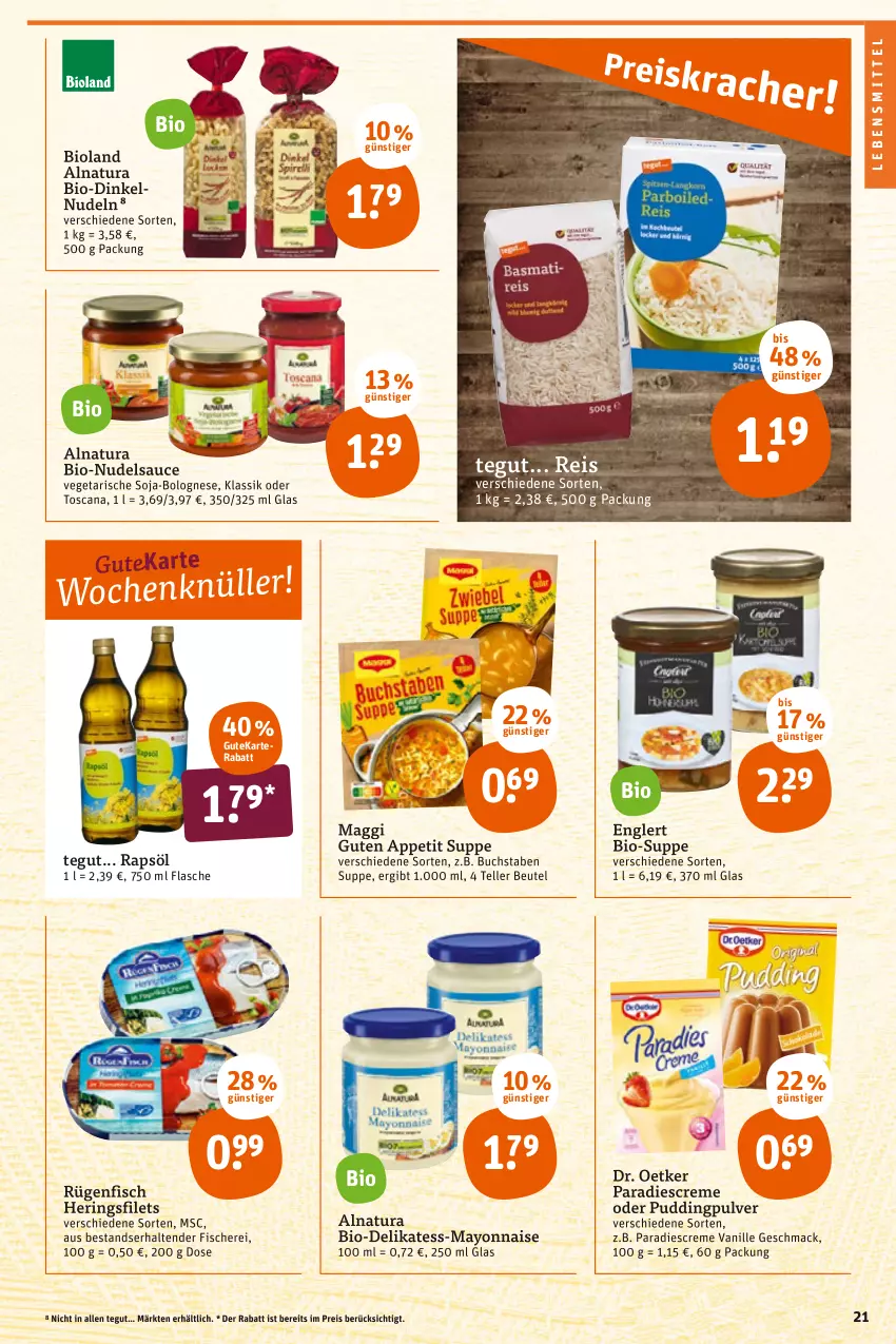 Aktueller Prospekt Tegut - Angebote der Woche - von 14.02 bis 19.02.2022 - strona 21 - produkty: beutel, bio, bioland, bolognese, buch, creme, Dr. Oetker, eis, elle, filet, filets, fisch, fische, Fischer, flasche, hering, Herings, heringsfilets, lebensmittel, mac, maggi, mayonnaise, natur, natura, nudel, nudeln, pudding, rapsöl, reis, ring, rügenfisch, sauce, Schere, soja, suppe, teller, tender, Ti, vanille, Vegeta, Yo