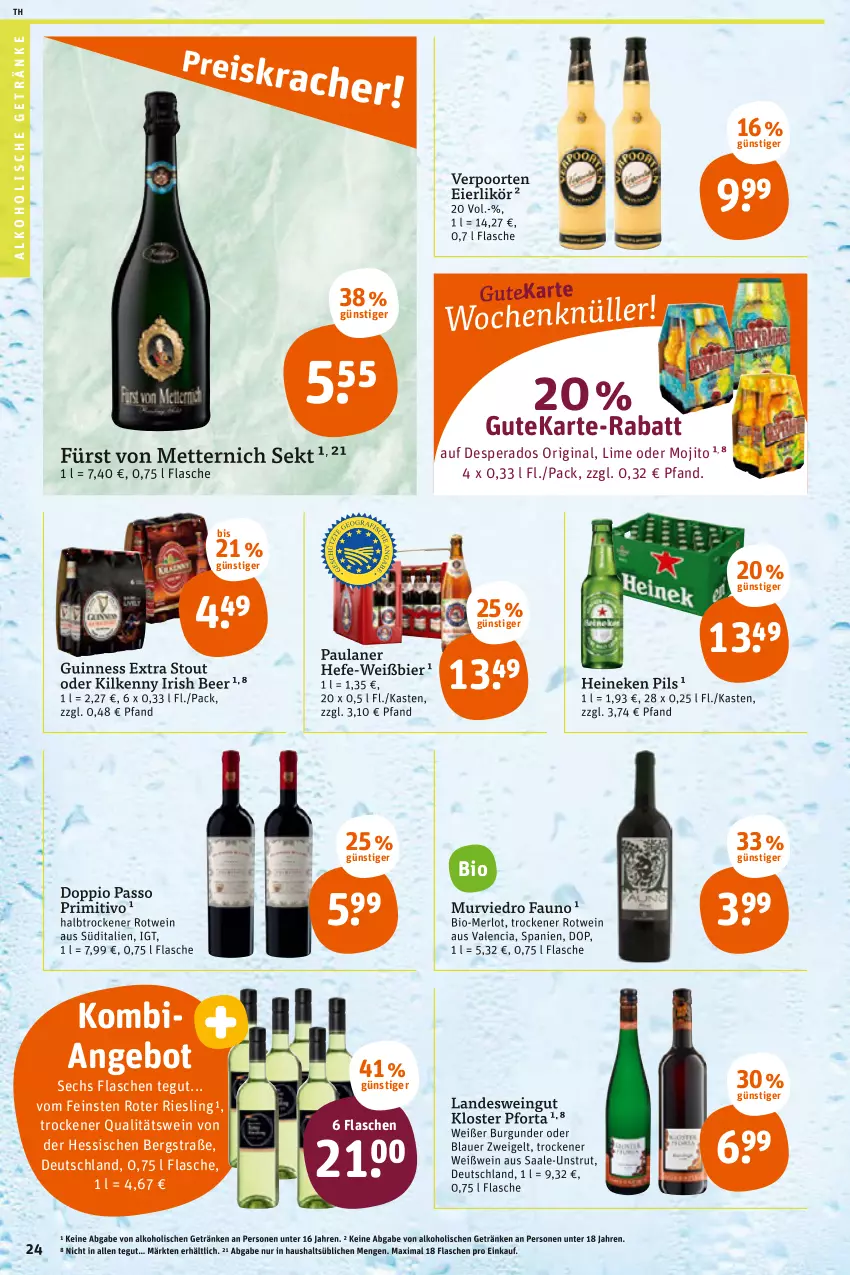 Aktueller Prospekt Tegut - Angebote der Woche - von 14.02 bis 19.02.2022 - strona 24 - produkty: alkohol, alkoholische getränke, angebot, auer, bier, bio, blauer zweigelt, burgunder, desperados, doppio passo, eier, eierlikör, flasche, fürst von metternich, getränk, getränke, gin, Guinness, Hefe, heineken, Kilkenny, likör, merl, merlot, Mett, metternich, mojito, passo, Paula, paulaner, pils, primitivo, qualitätswein, riesling, rotwein, sekt, Ti, verpoorten, wein, Weißwein, Zweigelt