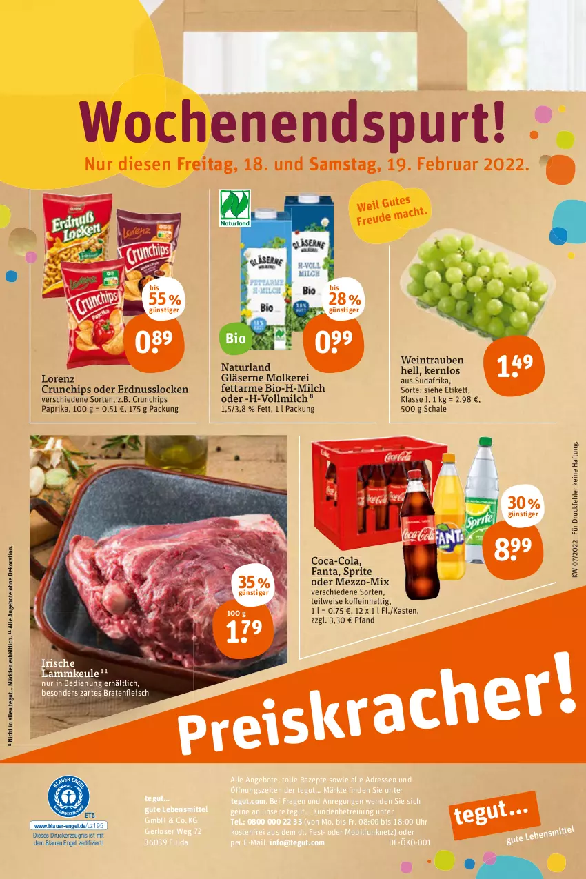 Aktueller Prospekt Tegut - Angebote der Woche - von 14.02 bis 19.02.2022 - strona 32 - produkty: angebot, angebote, auer, bio, braten, chips, coca-cola, cola, crunchips, dekoration, drucker, eis, Engel, erdnuss, fanta, fleisch, Fulda, Gläser, kerze, lamm, lammkeule, lebensmittel, lorenz, lorenz crunchips, milch, natur, naturland, nuss, paprika, rezept, rezepte, Schal, Schale, sprite, Ti, trauben, uhr, vollmilch, wein