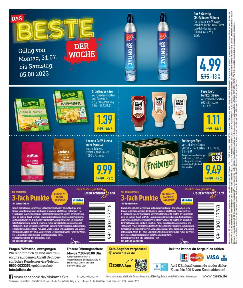 Aktueller Prospekt Diska - Prospekte - von 31.07 bis 05.08.2023 - strona 12 - produkty: aktionspreis, angebot, angebote, Berger, bier, buch, burger, caffe, classico, coupon, deka, deutschlandcard, eis, Elan, ente, erde, espresso, feinkost, flasche, Freiberger, grünländer, gutschein, kraft, lavazza, milch, nuss, oder espresso, Papa Joe's, reis, sac, sauce, Sprudel, Sushi, tee, telefon, Ti, uhr, wasser, ZTE