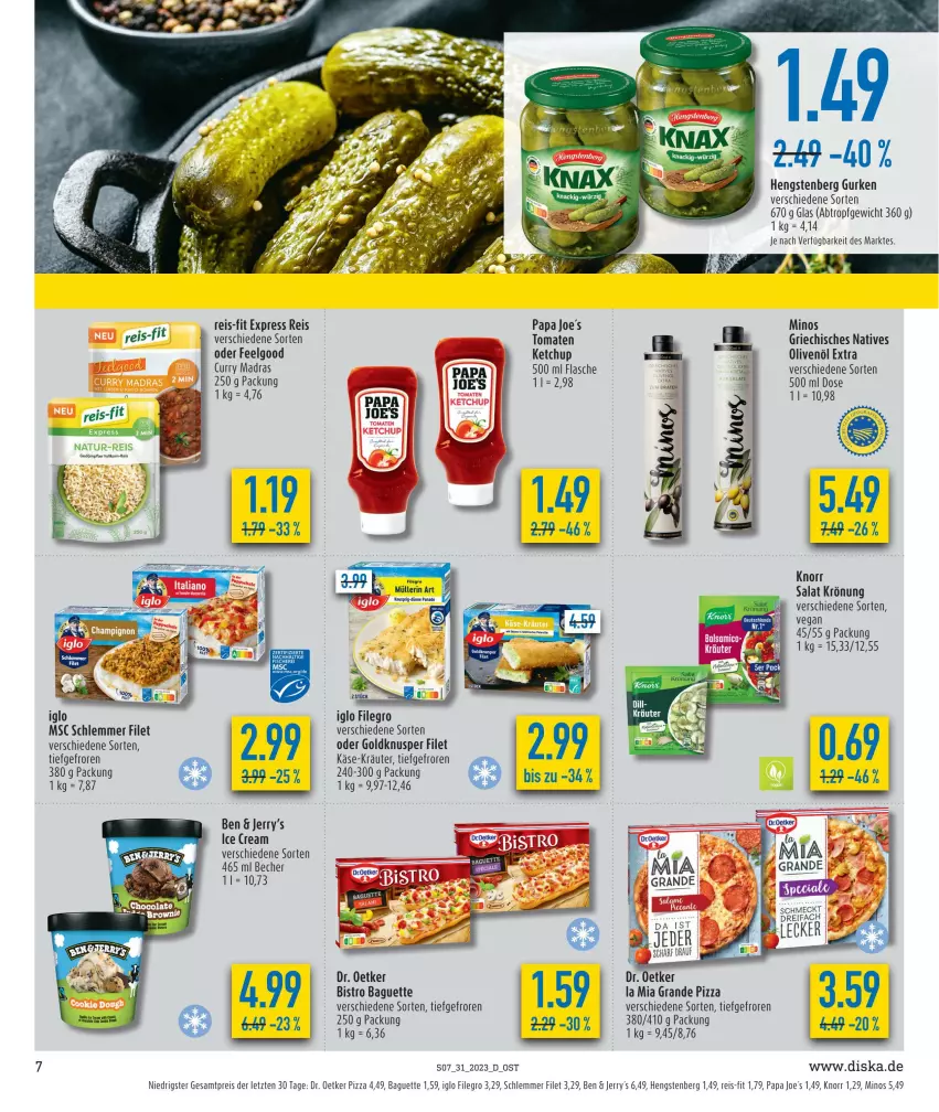 Aktueller Prospekt Diska - Prospekte - von 31.07 bis 05.08.2023 - strona 7 - produkty: baguette, Becher, Bistro Baguette, curry, Dr. Oetker, eis, filegro, filet, flasche, gurke, gurken, hengstenberg, Hengstenberg Gurken, iglo, Käse, ketchup, knorr, korn, kräuter, LG, Müller, müllerin art, natur, natur-reis, olive, oliven, olivenöl, olivenöl extra, pizza, reis, reis-fit, salat, Ti, tomate, tomaten, ZTE