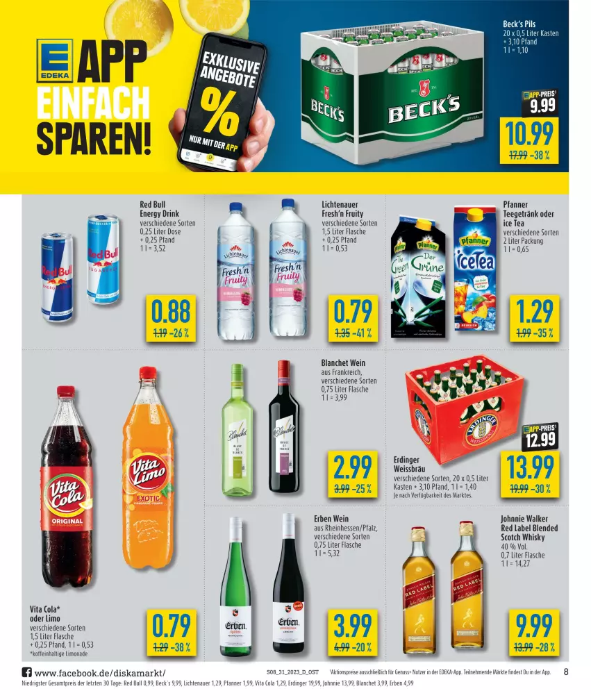 Aktueller Prospekt Diska - Prospekte - von 31.07 bis 05.08.2023 - strona 8 - produkty: aktionspreis, auer, cola, deka, drink, eis, energy drink, erdinger, flasche, getränk, ice tea, johnnie walker, lichtenauer, limo, limonade, nuss, pfanne, Pfanner, pils, red bull, reis, scotch, scotch whisky, tee, Ti, vita, Vita C, wein, whisky, ZTE