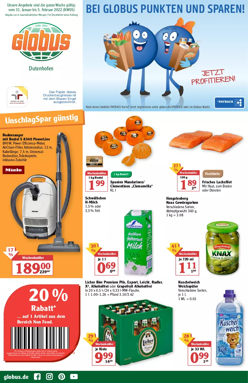 Aktueller Prospekt Globus - Prospekte - von 31.01 bis 05.02.2022 - strona 1 - produkty: alkohol, angebot, angebote, beutel, bier, bodensauger, braten, Cien, clementinen, coupon, elle, Engel, filet, fisch, fischtheke, flasche, gewürz, Gewürzgurke, gewürzgurken, gin, grapefruit, gurke, gurken, hengstenberg, Kuschelweich, lachs, lachsfilet, mandarine, mandarinen, milch, mw-flasche, Ofen, papier, payback, pils, premium pils, radler, Tchibo, Teleskop, Ti, Tiere, weichspüler