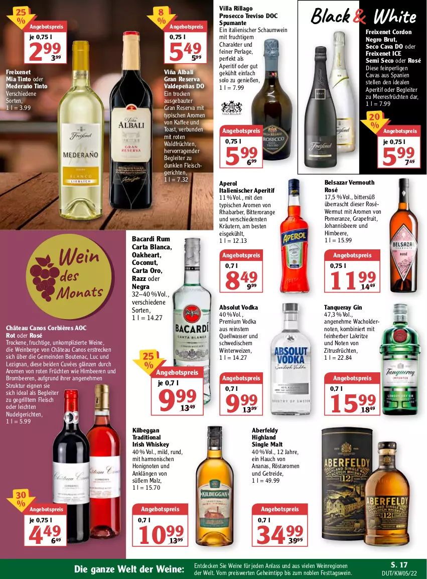 Aktueller Prospekt Globus - Prospekte - von 31.01 bis 05.02.2022 - strona 21 - produkty: Absolut Vodka, ananas, angebot, angebotspreis, aperitif, aperol, bacardi, bacardi rum, Bau, beere, beeren, Belsazar, brombeere, brombeeren, brut, Cava, coconut, cuvée, decke, ecco, eis, elle, fleisch, freixenet, frucht, früchte, früchten, gin, grapefruit, grill, gsw, himbeer, himbeere, himbeeren, honig, irish whiskey, johannisbeere, kaffee, kilbeggan, kräuter, kräutern, lack, Lakritz, LG, malz, meeresfrüchte, mit frucht, nudel, Nudelgericht, oakheart, orange, perla, premium vodka, prosecco, puma, reis, rhabarber, rum, rwe, single malt, spumante, Tanqueray, Ti, toast, Vermouth, vodka, wasser, wein, weine, whiskey