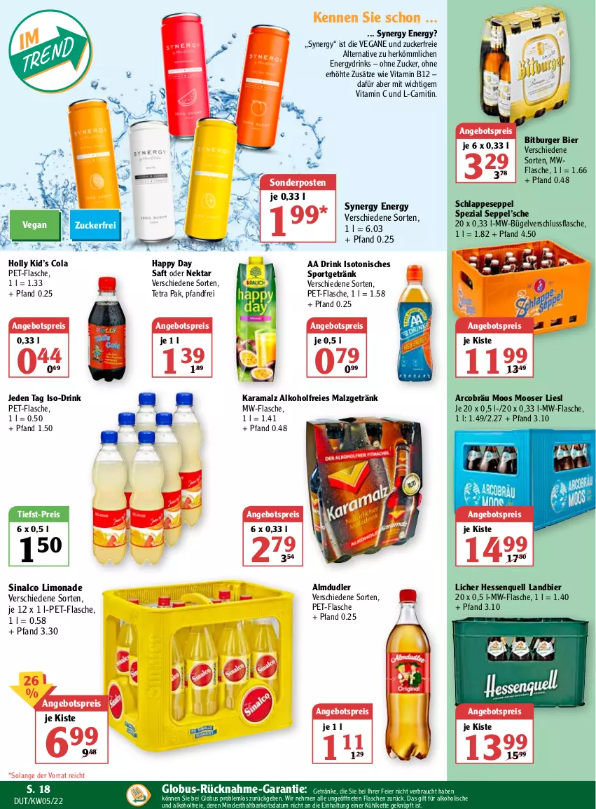 Aktueller Prospekt Globus - Prospekte - von 31.01 bis 05.02.2022 - strona 22 - produkty: alkohol, almdudler, angebot, angebotspreis, bier, bitburger, bügel, burger, cola, drink, drinks, eier, eis, flasche, getränk, getränke, Happy Day, karamalz, Kette, limo, limonade, malz, mw-flasche, Nektar, pet-flasche, rama, Rauch, reis, saft, sinalco, sonderposten, Spezi, Sport, Ti, tiefst-preis, vita, Vitamin B, Vitamin C, zucker