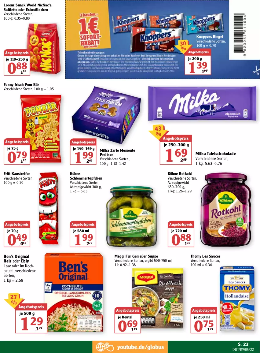 Aktueller Prospekt Globus - Prospekte - von 31.01 bis 05.02.2022 - strona 27 - produkty: angebot, angebotspreis, aust, Ben’s Original, beutel, eis, ente, funny-frisch, gin, Kaustreifen, knoppers, kochbeutel, Kühne, lorenz, maggi, milka, pom-bär, pralinen, reifen, reis, riegel, rotkohl, saltletts, sauce, schlemmertöpfchen, schoko, schokolade, snack, suppe, tafelschokolade, thomy, thomy les sauces, Töpfchen, Yo