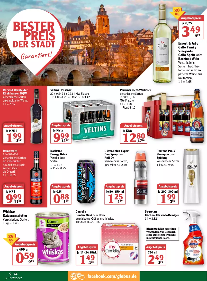 Aktueller Prospekt Globus - Prospekte - von 31.01 bis 05.02.2022 - strona 28 - produkty: angebot, angebotspreis, bier, binden, bio, biozidprodukte, camelia, deo, deo spray, dornfelder, drink, eis, energy drink, flasche, frucht, gallo, gallo family, Hefe, kräuter, kräuterlikör, küche, Küchen, likör, mw-flasche, nassfutter, pantene, pantene pro-v, Paula, paulaner, pils, pilsener, pro-v, rama, ramazzott, ramazzotti, Rauch, reiniger, reis, Rockstar, roll-on, rwe, sagrotan, shampoo, shampoo oder spülung, spülung, Ti, veltins, veltins pilsener, weck, wein, weine, whiskas, Wild, zott