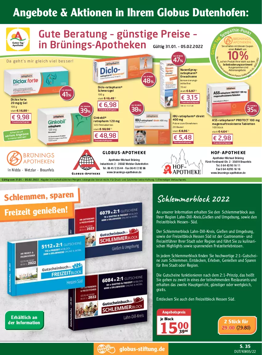 Aktueller Prospekt Globus - Prospekte - von 31.01 bis 05.02.2022 - strona 39 - produkty: angebot, angebote, angebotspreis, Apotheke, beutel, braun, coupon, decke, Diclo-Ratiopharm, eis, ente, gin, Ginkobil, gutschein, gutscheine, Nasenspray, Ofen, Ratiopharm, reis, saft, tablet, tablett, Tablette, Ti