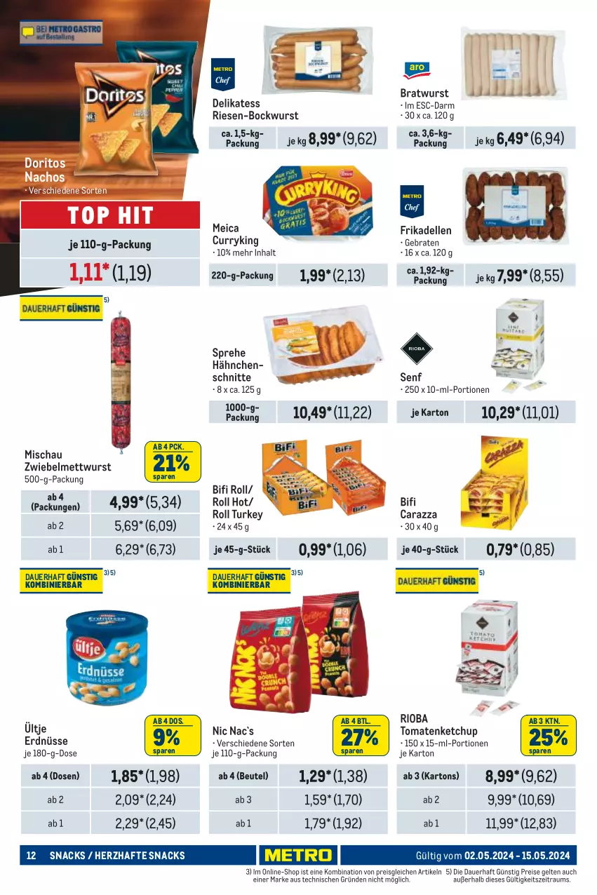 Aktueller Prospekt Metro - Händler Journal - von 02.05 bis 15.05.2024 - strona 12 - produkty: auer, beutel, bifi, bockwurst, braten, bratwurst, curry, dell, Doritos, eis, elle, erdnüsse, frikadellen, ketchup, meica, Mett, mettwurst, nacho, Nachos, reis, rioba, senf, snack, snacks, Ti, tomate, tomaten, tomatenketchup, ültje, ültje erdnüsse, wurst, zwiebel, zwiebelmettwurst