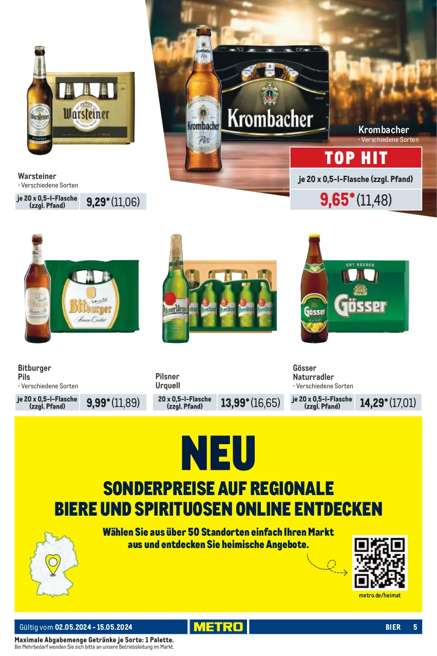 Aktueller Prospekt Metro - Händler Journal - von 02.05 bis 15.05.2024 - strona 5 - produkty: angebot, angebote, bier, Biere, bitburger, bitburger pils, burger, decke, eis, flasche, getränk, getränke, gösser, krombache, krombacher, Metro, natur, Palette, pils, pilsner, pilsner urquell, radler, reis, spirituosen, steiner, Ti, warsteiner