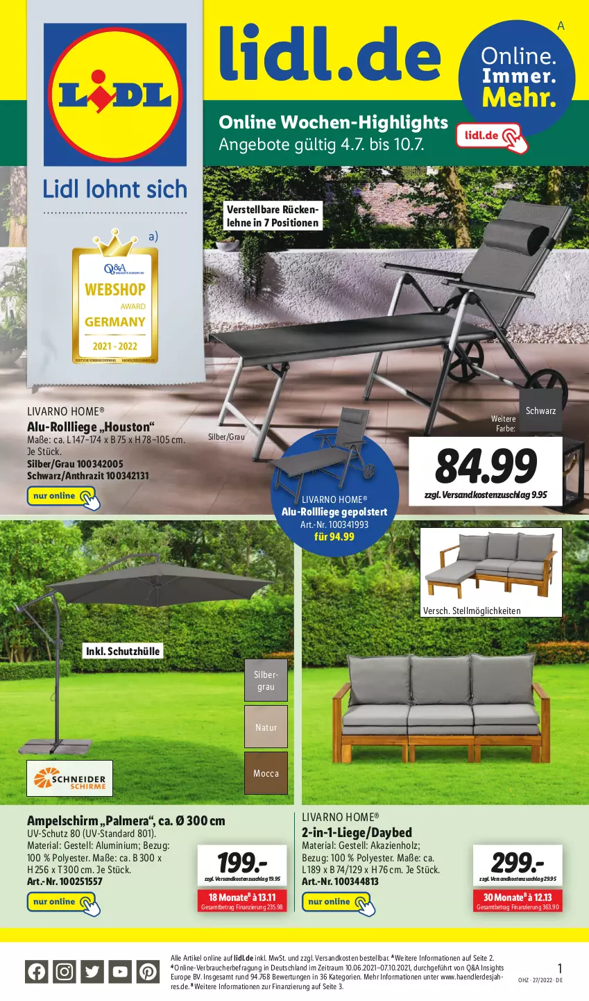 Aktueller Prospekt Lidl - Wochen-Highlights im Onlineshop - von 04.07 bis 10.07.2022 - strona 1 - produkty: ampelschirm, angebot, angebote, erde, Holz, Liege, natur, ndk, Rauch, Ria, rückenlehne, schutzhülle, Ti, uv-schutz